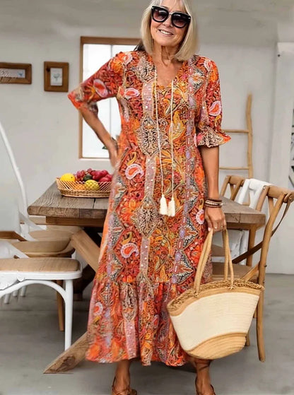 Carolette - Boho Drawstring Neck Maxi Dress