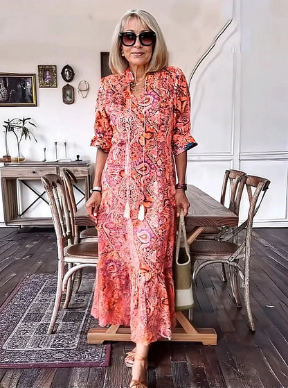 Carolette - Boho Drawstring Neck Maxi Dress