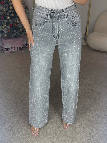 Giselle Diamanté Wide-Leg Jeans – Storm Grey