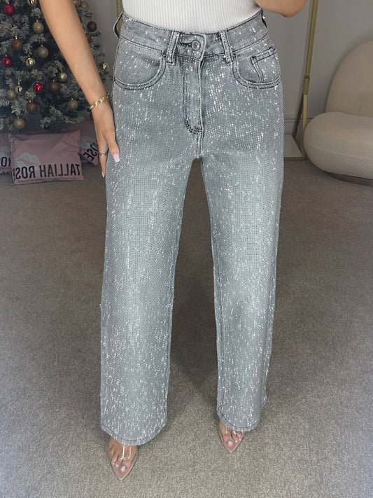 Giselle Diamanté Wide-Leg Jeans – Storm Grey