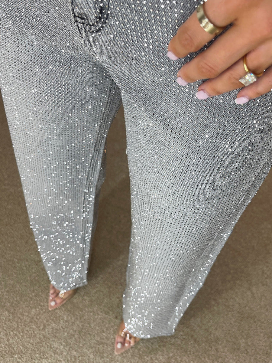 Giselle Diamanté Wide-Leg Jeans – Storm Grey